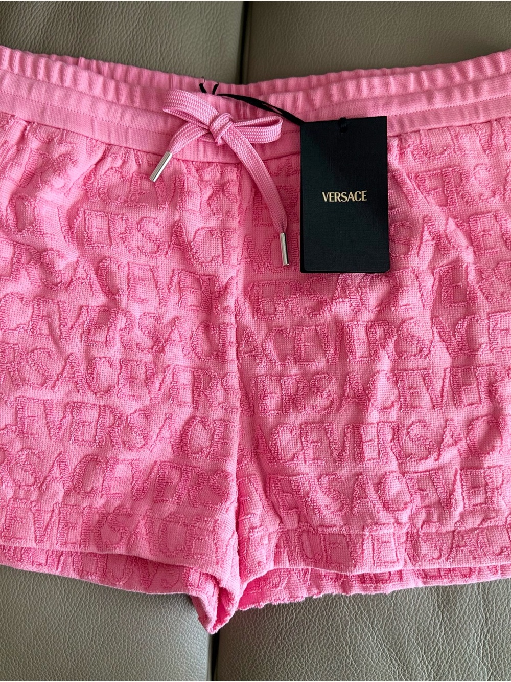 Versace Flamingo Pink Terry Jacquard Logo Shorts